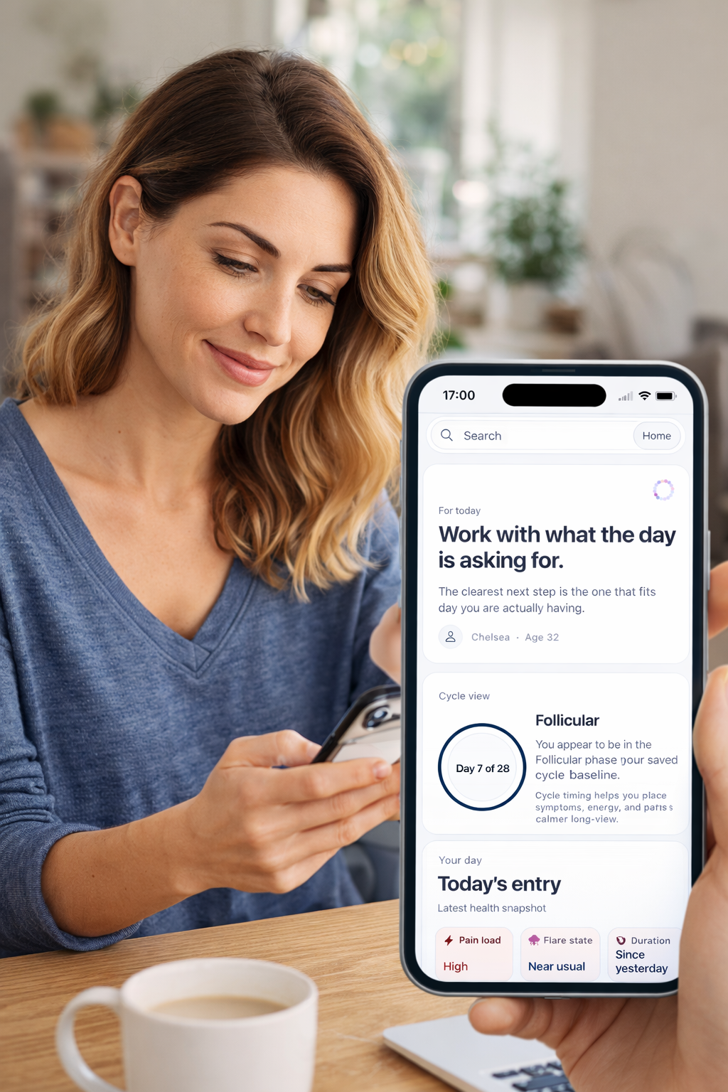 InsideHer app preview showing women's health support screens.